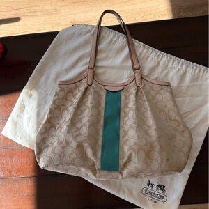 Coach Signature Khaki Emerald Devin Stripe Shoulder Bag